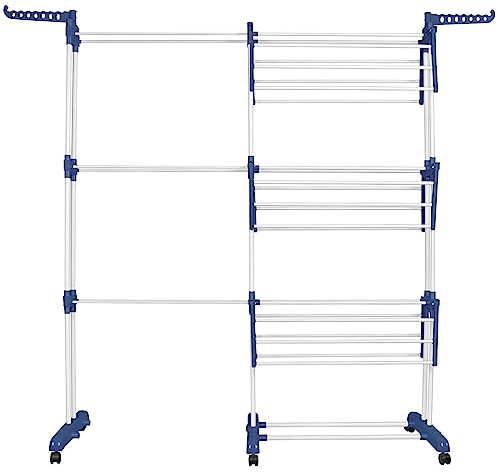 XUANYU Séchoir à Vêtements sur Pied à 3 Niveaux, Étendoir à Linge avec Ailes Pliable, Longueur Évolutive (75-142,5) cm, Acier INOX et Plastique, Bleu-Blanc H, (72-142,5)×64×170 cm
