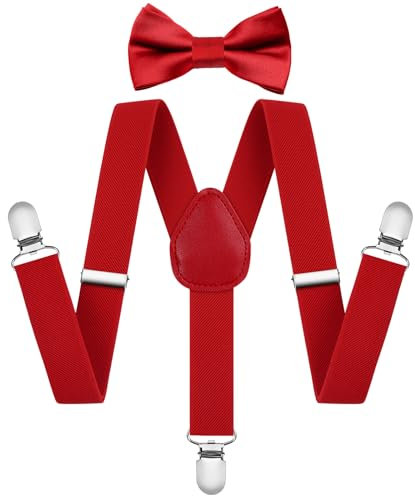 AOOWU Set Bretelle 2.5cm Elastiche Con Papillon Rosso Regolabile, 3 Clips Forma a Y per Bambino - Ideale Regalo per Ragazzo