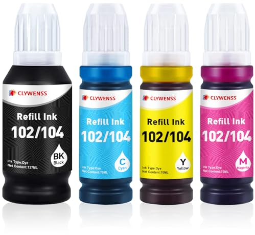 Clywenss 104 Ink Compatible with Epson 104 102 103 Ink Bottle Set Refill for EcoTank ET-2710 ET-2711 ET-2712 ET-2714 ET-2715 ET-2720 ET-2721 ET-2726 ET-4700 Printer, 4-Pack (Black Cyan Magenta Yellow)