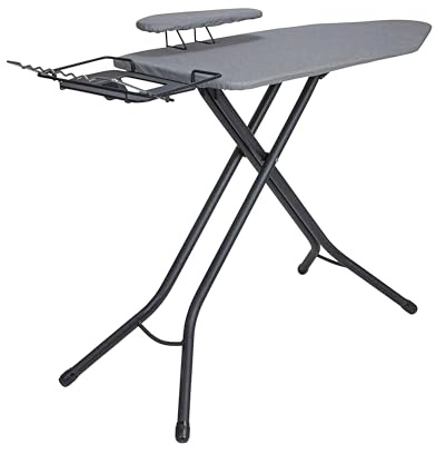 Household Essentials Wide Mega Ironing Board 4-Leg, Steel Top Pressing Station, Matte Black Frame, Grey Cover