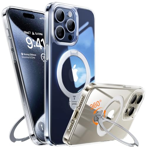 TORRAS 360° Spin Magnetic Stand for iPhone 15 Pro Max Case, Compatible with Magsafe,14 FT Military Grade Shockproof Slim Protective iPhone 15 Pro Max Case with Kickstand Ring Holder, Ostand Spin-Clear