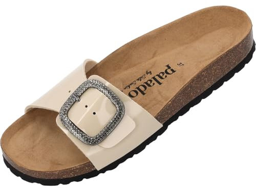 Palado Pantoletten Damen Malta BX by Sila Sahin – gefertigt in Spanien – edle Veloursleder-Decksohle – Glitzerschnalle im Boxy-Design – Lack- oder Metallic-Optik – EVA-Sohle Beige Lack UK8 - EU41