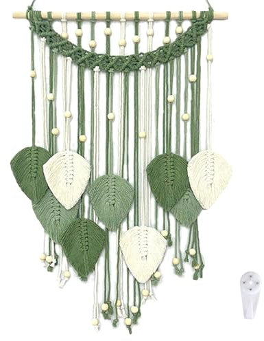 Smgbway Makramee Wandbehang Boho Deko, Gewebte Tapisserie, Makramee Wandteppich mit Holzperlen und Blätter, Baumwolle Handgemacht Wandkunst Boho Tapisserie für Wohnzimmer/Schlafzimmer/Wanddeko