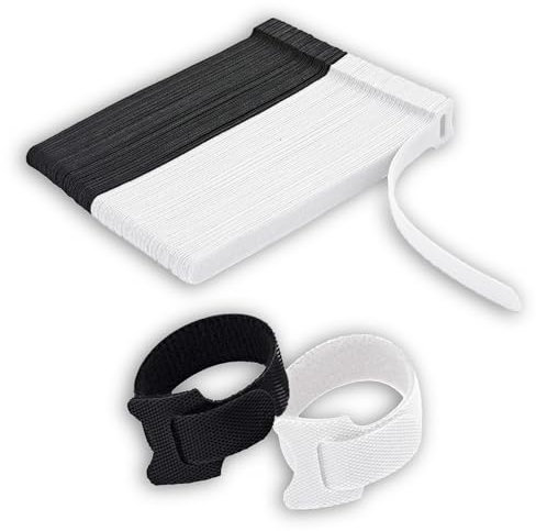 QZKJQDD 50 Stück Klett Kabelbinder Wiederverschließbar, Klettband Kabelbänder für Kabelmanagement, Verstellbare Klettband für Home Office Büro und Cable Organizer (Schwarz + Weiß）