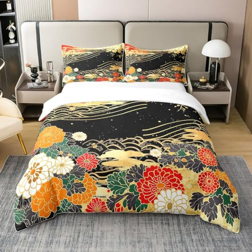 Homewish Coton Noir et Or Fleur Housse de Couette 240 x 260,Vintage Botanique Literie Set pour Filles,Adultes,Japonais Fleur Décoratif Housse de Couette Modern Esthetic Literie