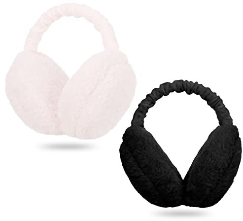 Halinuia 2 pièces Cache Oreille Femme,Cache Oreilles en Peluche pour Femme Pliables Doux Chauds Ajustable Protection Contre Cache Oreilles (noir + rose)