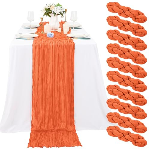 10 Stück orangefarbener Käsetuch-Tischläufer, 3 m, Gaze-Tischläufer für Hochzeitsempfang, transparente Brautparty, Geburtstagsparty, Boho-Tischdekoration, rustikaler romantischer Hochzeitsläufer