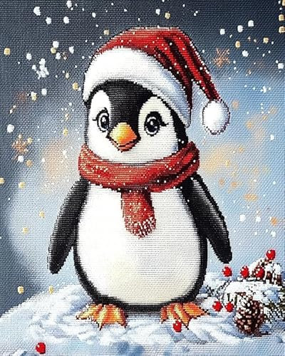 ANSIWEIGO Winterlandschaft Malen nach Zahlen Set,Weihnachtspinguin,Handgefertigte digitale Ölgemälde,Eine Mischung aus Kunst und Kunsthandwerk(40x50cm,Ohne Rahmen)