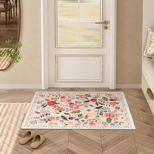 D-buy Petit tapis d'entrée, lavable, 0,9 x 0,9 m, tapis de porte d'entrée, tapis d'intérieur bohème à motif floral, antidérapant pour porte d'entrée, sol, chevet, cuisine, chambre d'enfant, entrée