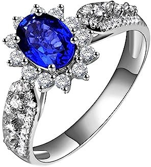 Blumen Ring Damen, Eheringe Breit Halo Labor Geschaffener Saphir 0.885ct Ovale Form Blau Verlobungsring Größe 45 (14.3) 18 Karat Weißgold