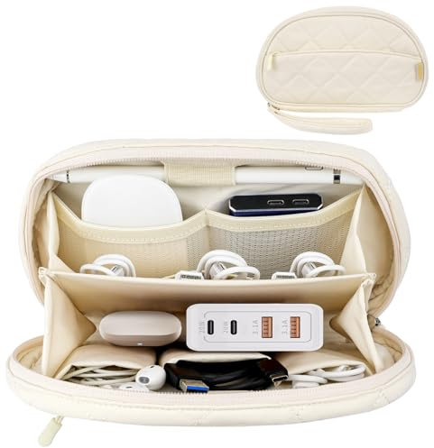 Dadanism Sac de Rangement Câble, Pochette Organisatrice de Câbles Gonflable, Sac Organisateur Double Technologie pour Câbles, Chargeurs, Cordon, Clé USB, Beige