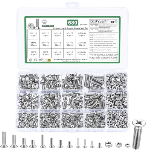 580 Pz Set di Vis M3 M4 M5, Viti Bulloni e Dadi Set, Bulloni Viti a Testa Svasata e Dadi e Rondelle, Bulloni Viti a Testa Piatta con Dadi, Viti Bulloni a Testa Svasata a Croce(Argento, M3 M4 M5)