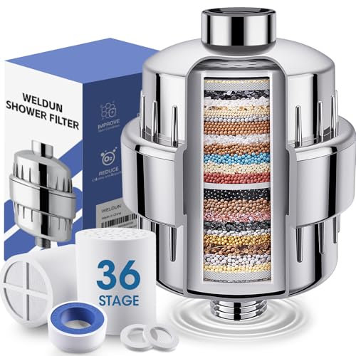 WELDUN Filtro de ducha de 36 etapas con vitamina C, filtro de agua para agua dura, filtro de agua portátil de viaje con 1 cartucho reemplazable, filtro de cabezal de ducha para eliminar fluoruro