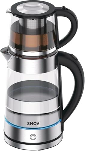 Shov Elektrischer Glas Wasserkocher 2-in-1 – Teemaschine & Wasserkocher, Teekocher elektrisch, 1,7 L Wasserkocher & 0,8 L Teekanne, Türkischer Teekocher, Teemaschine Elektrisch – Caydanlik