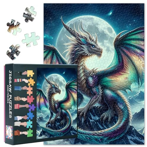 Jigsaw Puzzles for Adults 1000 Piece Dragon, Challenging Puzzle Fantasy Art, 27.5x19.7 Inch Moon & Mountain Family Educational Game & Unique Living Room Decor Relaxation Gift