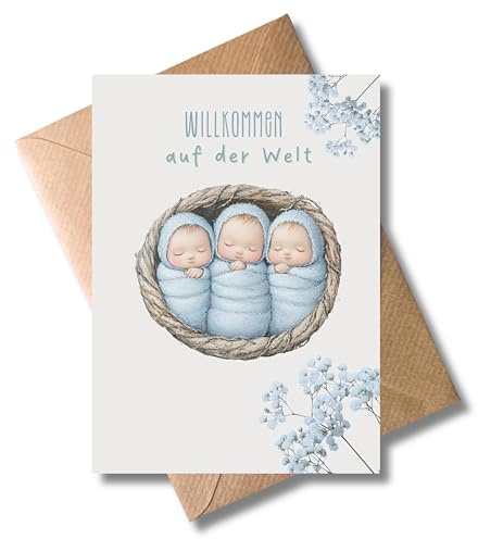 WBdesignz – Geburtskarte „Willkommen auf der Welt“ mit Umschlag – Karte zur Geburt von Drillingen mit Nest-Illustration und Babyblau (DIN A6)