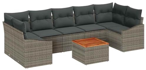 vidaXL 8-teiliges Gartensofa-Set mit Kissen in Grau aus Poly Rattan und Akazie. Modulares Outdoor-Sofa für die Terrasse, perfekt für Essen und Unterhaltung. Wetterfest und einfach aufzubauen.