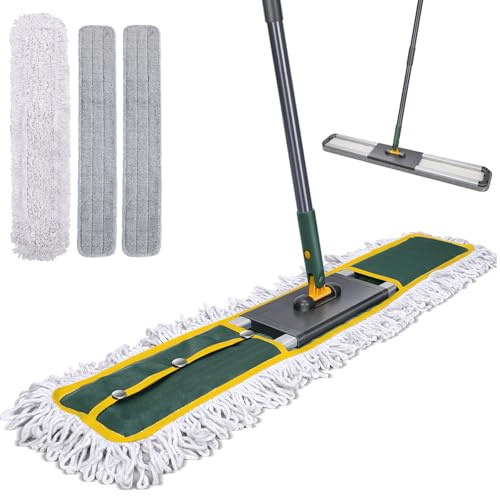 MASTERTOP Industrial Mop, Larger 90cm Wide Floor Sweeper Mop with 3 Replacement Pads, Adjustable Handle Commercial Flat Mops for Mall Hospital Factories Supermarkets, Heavy Duty Duster Mops - Green