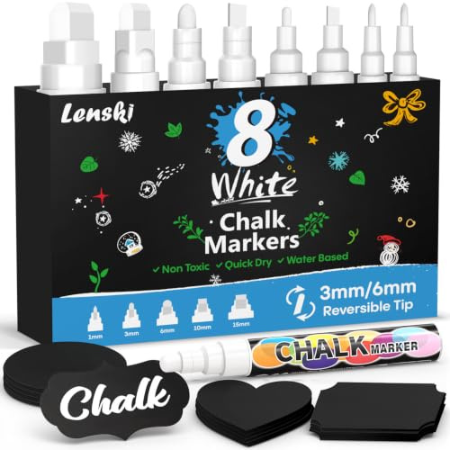 Lenski 8 Kreidestifte für Fenster, Weiß Kreidestifte für Tafel Abwaschbar | Kreidemarker Whiteboard Marker Fenstermalstifte Fensterstifte Tafelstifte, Einschulung Mädchen, Schultüte Füllung