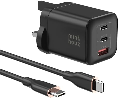 Minthouz USB C Plug with Charging Cable,PD 67W 3-Port GaN USB Plug UK for Samsung/iPhone Charge,Fast Charger Compatible with iPhone 17/17 Air /17 Pro/17 Pro Max/17 SE, 16/15/14/14 Series, Galaxy, iPad