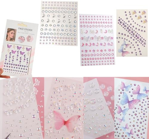 Dimoxii 8 Blätter 3D Strassstein Sticker Selbstklebend, Erhabene Glitzersteine Schmetterling Stern Rose, Rhinestone Sticker für Gesicht (Face Jewels), Kleidung, Nail Art, DIY Basteln, Festival & Party
