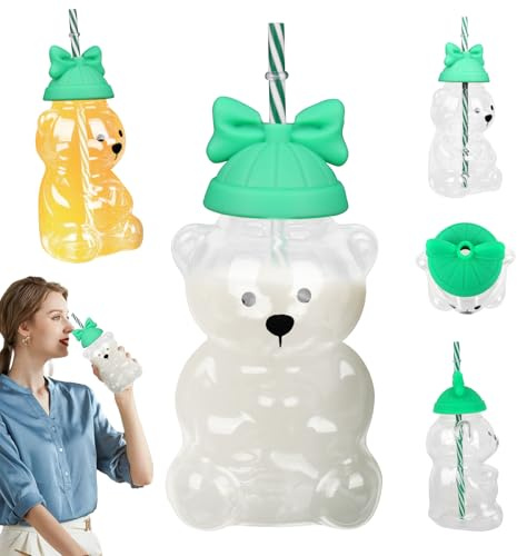 Hojalis Bear Cup, 590 ML Bär Glas Becher, Bären Glasbecher Mit Deckel Und Strohhalm, Robustes Glas Für Heiße Und Kalte Getränke, Bear Tea Cup Für Kaffee, Milchtee, Saft Und Trinkwasser
