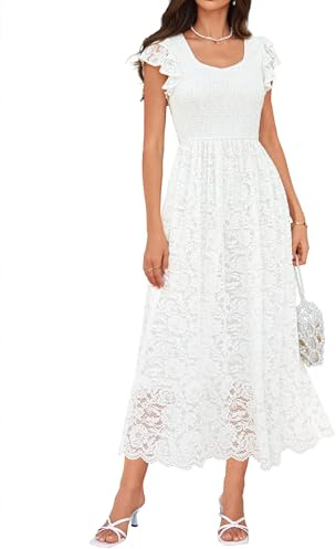 GRACE KARIN Women's Summer A-Line Maxi Dress Elastic Waist Ruffle Lace Beach Dresses Short Sleeve Sundress White XL