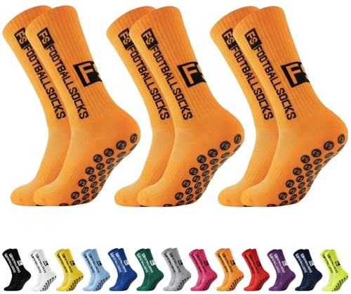 AYEUPZ 3 Paare Fußballsocken für Herren Damen,39-46 Sportsocken Fußball Anti Rutsch Grip Fußball Socken Rutschfeste Sportsocken (3 orange)