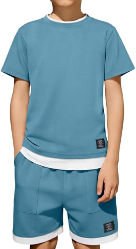 Latnnut Boy's 2 Piece Outfit Short Sleeve Tee Shirt and Shorts with Pocket Set Sport Tracksuit Teen Boy Summer Outfits Kids Athletic Sets Boys Clothes Size 7-8