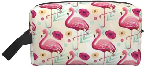 Sac de rangement à imprimé sur fond bleu pailleté – Trousse de toilette et cosmétique de voyage avec fermeture éclair – Maquillage en toile réutilisable, flamant rose, Taille unique