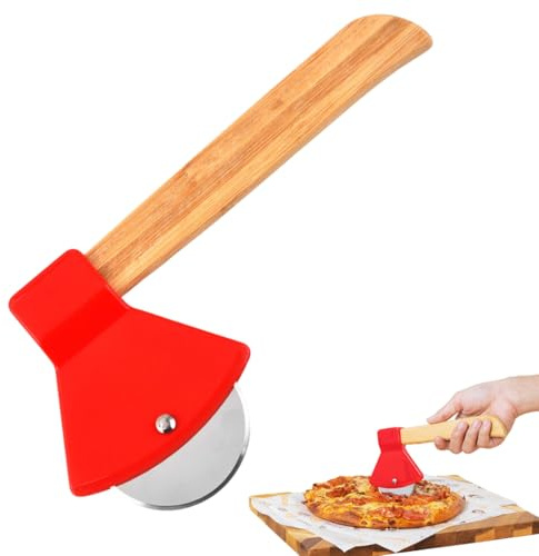 BQRKOTM Pizza Cutter Stainless Steel Funny Pizza Roller Manual Pizza Knife in Axe Shape Pizza Cutting Knife with Wooden Handle Pizza Cutter for Cutting Pizza Waffles Pancakes Red
