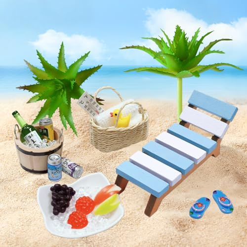 20 Stück Strand-Mikrolandschaft Miniatur Dekoration mit Mini LiegestüHlen Palmen Lebensmittel Miniatur Deko DIY Mini-Strand Miniatur Garten-Deko Puppenhaus Dekoration