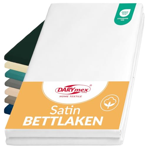 Darymex Flaches Laken ohne Gummizug, Baumwoll-Satin, Weiß, 160x220 cm | Bettlaken glatt und glänzend, Satin-Betttuch, weiches Satinlaken für Schlafzimmer, pflegeleicht, 60°C waschbar