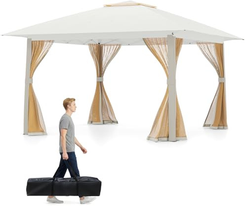 COSTWAY Pavillon 4x4 m, Pop Up Faltpavillon mit 4 Moskitonetz & Doppeldach & Metallrahmen, Wasserdicht & Stabil & Winterfest, Gartenpavillon inkl. Tragetasche, Partyzelt für Terrasse Garten, Beige