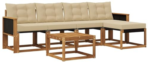 vidaXL Outdoor-Sofagarnitur mit Kissen 6 pcs Natur und Beige, Gartenmöbel, modernes Outdoor-Sofa, modulare Sitzgruppe für Terrasse und Lounge, langlebig und bequem