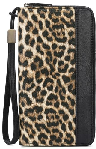 GOIACII Doppelreißverschluss Damen Geldbörse Groß RFID-Schutz Leder Portemonnaie mit Handgelenkband Lang Handytasche Blumenprägung Leopardeschwarz