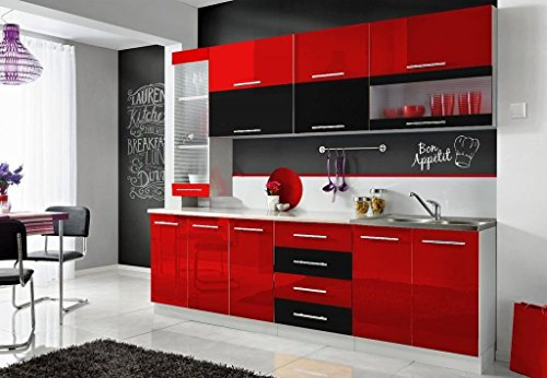 CON Komplette Küche MONI S 260 cm Verschiedene Farbkombinationen Hochglanz NEU (rot/schwarz)