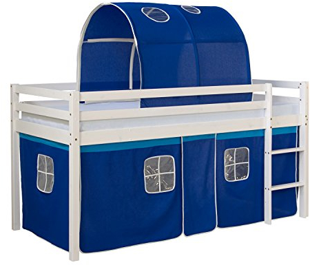 Homestyle4u Kinderbett weiß 90 x 200 cm Holz Stockbett Hochbett mit Vorhang und Tunnel blau