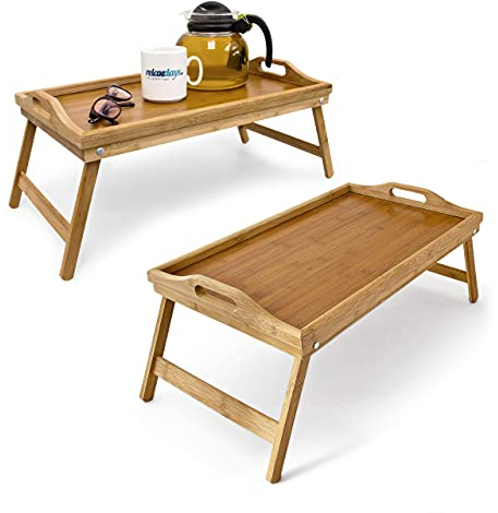 Relaxdays 2 x Betttablett klappbar, Essenstablett mit Füßen, Frühstück im Bett, Bambus & MDF, HxBxT: 23 x 60 x 30 cm, Natur
