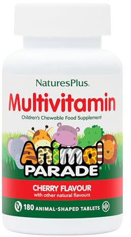 NaturesPlus Animal Parade Children's Multivitamin Cherry Flavour - Plant Based Chewable Multivitamin for Kids - Gluten Free, Vegan - 180 Chewable Tablets