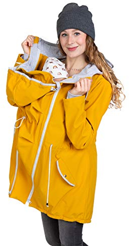 Viva la Mama - 4 in 1 Baby Jacke für Tragen, Allwetter Jacke für Schwangerschaft und Kind, mit Rückeneinsatz PINA gelb - L