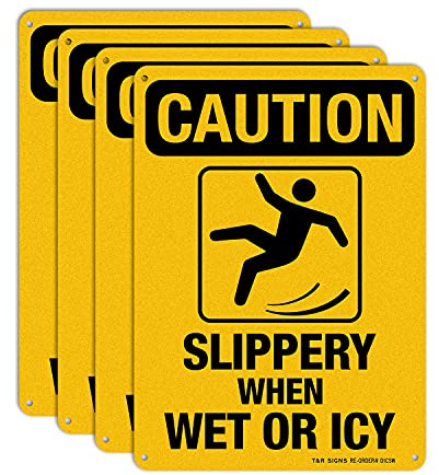 Slippery When Wet or ICY Schild, Warnschild, 4 Stück, 25,4 x 17,8 cm, rostfreies .040 Aluminium, UV-geschützt, wasserdicht, wetterfest und lichtbeständig, 4 vorgebohrte Löcher