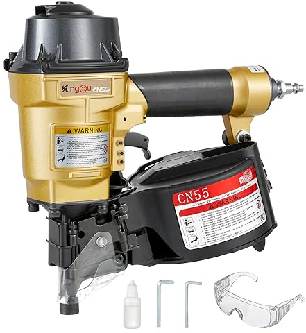 Kingou CN55 Coil Siding Nailer Gun For Wooden Pallet Accepts 1 Inch To 2-1/4-Inch Nails With 1/4 NPT Air Connector 300-400pcs Load Capacity Coil Nailer Coil Nail Gun For Wooden Box Packing