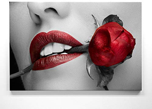 BilderKing Sinnliches Leinwandbild mit Roter Rose - Rote Lippen - als 90x60cm großes Wandbild. Perfekt als Hintergrund und Deko fürs Schlafzimmer. Aufgespannt auf Holzrahmen