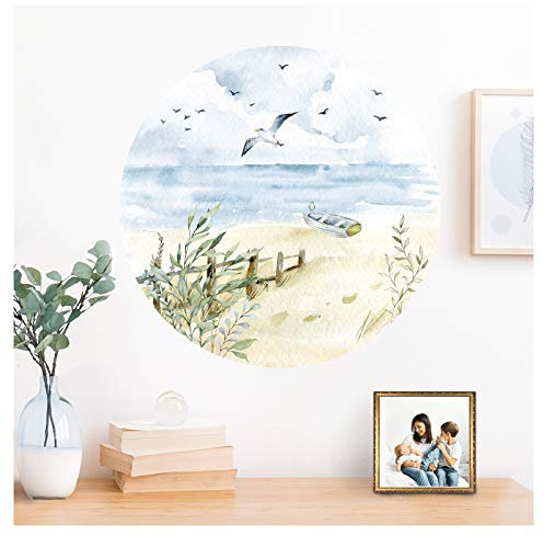 Grandora Wandtattoo Wandsticker Wohnzimmer Meer Strand Bild Wanddeko Schlafzimmer Wandaufkleber Esszimmer Tapete selbstklebend Flur Nordsee Ostsee rund DL580