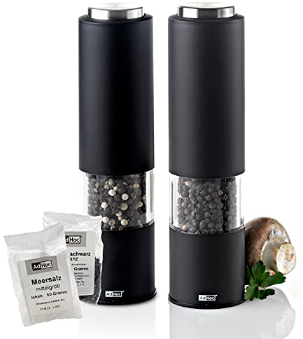 AdHoc elektrische Salz- und Pfeffermühlen TROPICA im 2er-Set – Schwarz | Hochwertiges Keramikmahlwerk | Einstellbar von fein bis grob | Mit LED-Beleuchtung & Aromaschutzkappe