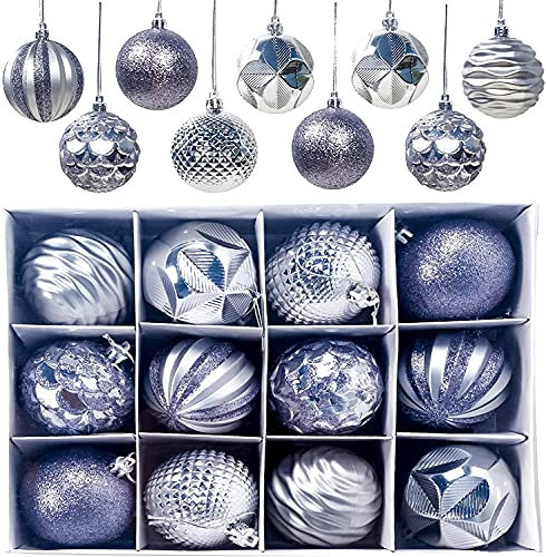 FlyHigh Set di 12 eleganti palline di Natale in vetro, da 6 cm di diametro, bellissime decorazioni per l’albero di Natale, di colore argento