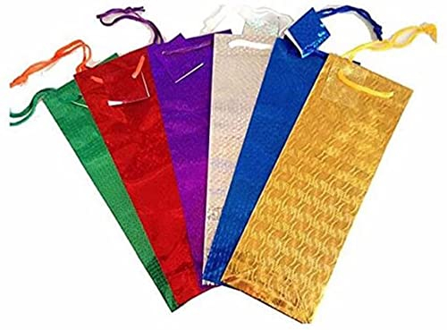KAV Assorted Wine Bottle Holographic Bags with Rope Holder for Christmas Gifts, Xmas Wrap, Wedding, Anniversary and Birthday Presents - (Pack of 100pcs)