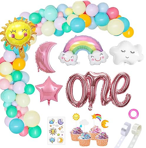 HONMOK 85 Stück Regenbogen Geburtstag Deko Set Luftballon Set Himmel Thema 1 Jahr alter Ballon Latax Wolke Sonne Mond Geburtstagsdeko Party Dekoration für Bany Mädchen Junge
