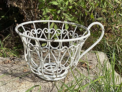 Rostalgie Metall Pflanz - Tasse Ornament mit Griff weiß im Shabby Stil